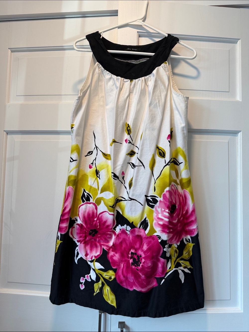 Blu Sage White Sundress with Black Yoke and Pink Floral Print